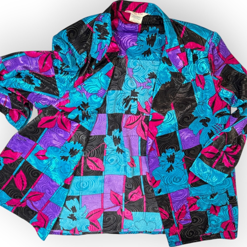 Vtg Tan Jay Silky Bright 80s Floral Geometric Blazer Plus 24W USA Dopamine Teal - Picture 12 of 13